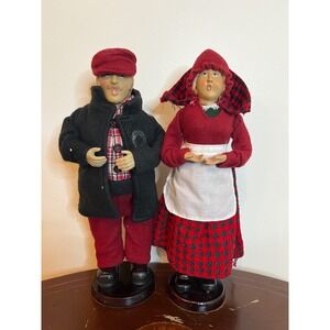 Vintage Christmas Caroler Figurines Set of 2 Red Black Plaid Singing Couple 12in